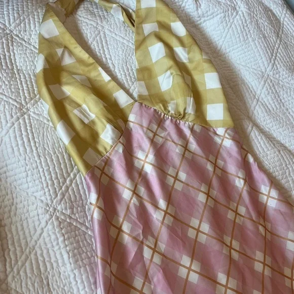 Picnic Plaid Satin Midi Dress Halter Y2K Slip AU 6 US XS - Picture 4 of 16